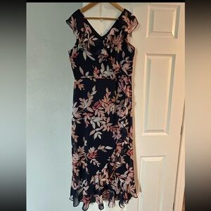 London Times Dark Blue and Pink Leaf Maxi Dress